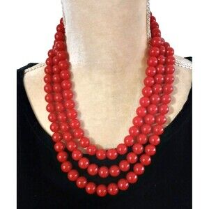 Vintage Monet Triple Strand Red Bead Necklace 20" Chunky Gold Tone Hook Clasp